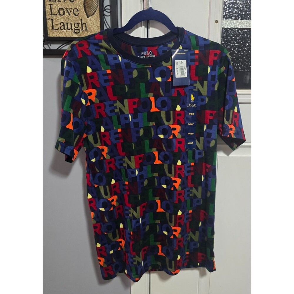Polo Ralph Lauren Men's Sz Sm Navy All Over Stacked Logo Crew-Neck Sleep T-Shirt